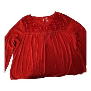 St. John's Bay blouse w/sheer neckline and velvet accents. Red. 3X.